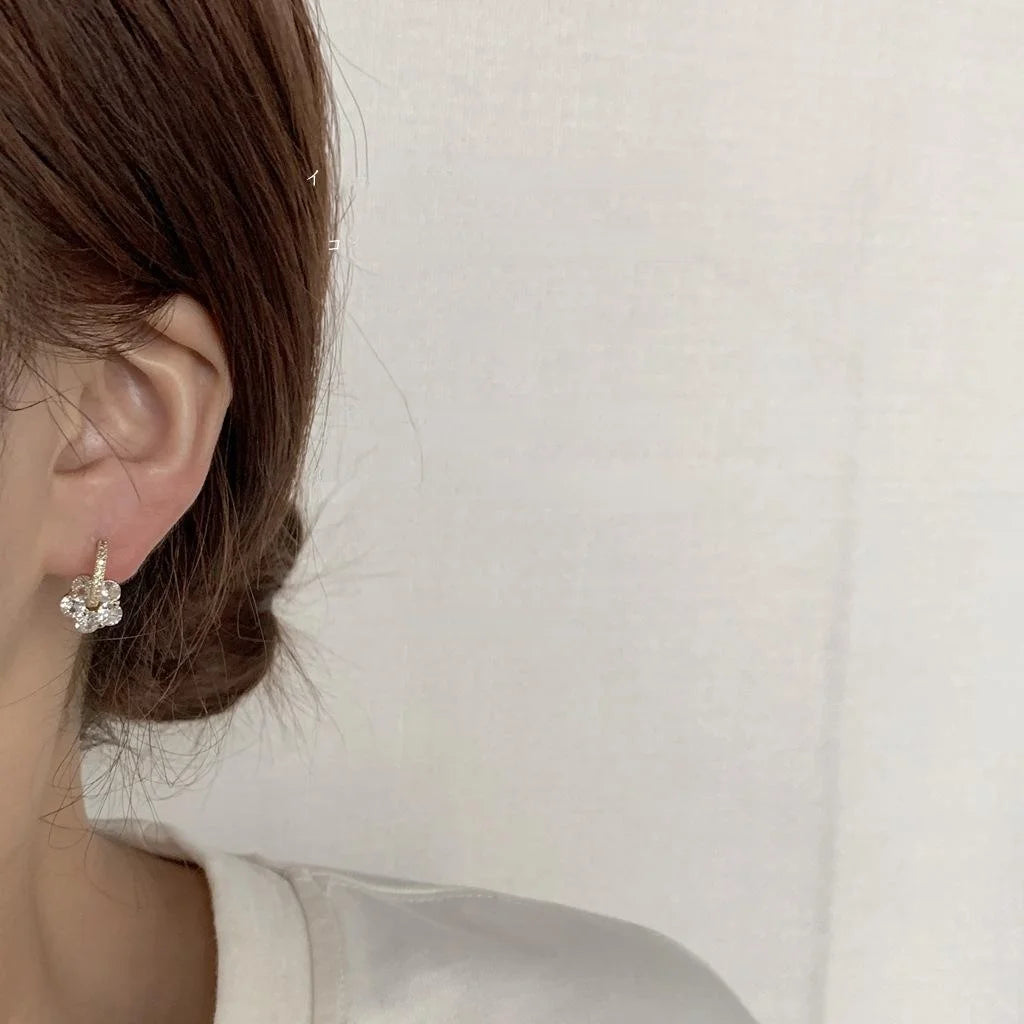 14K Gold Plated Copper Zircon Flower Stud Earrings For Women Japanese Korean Sweet Style