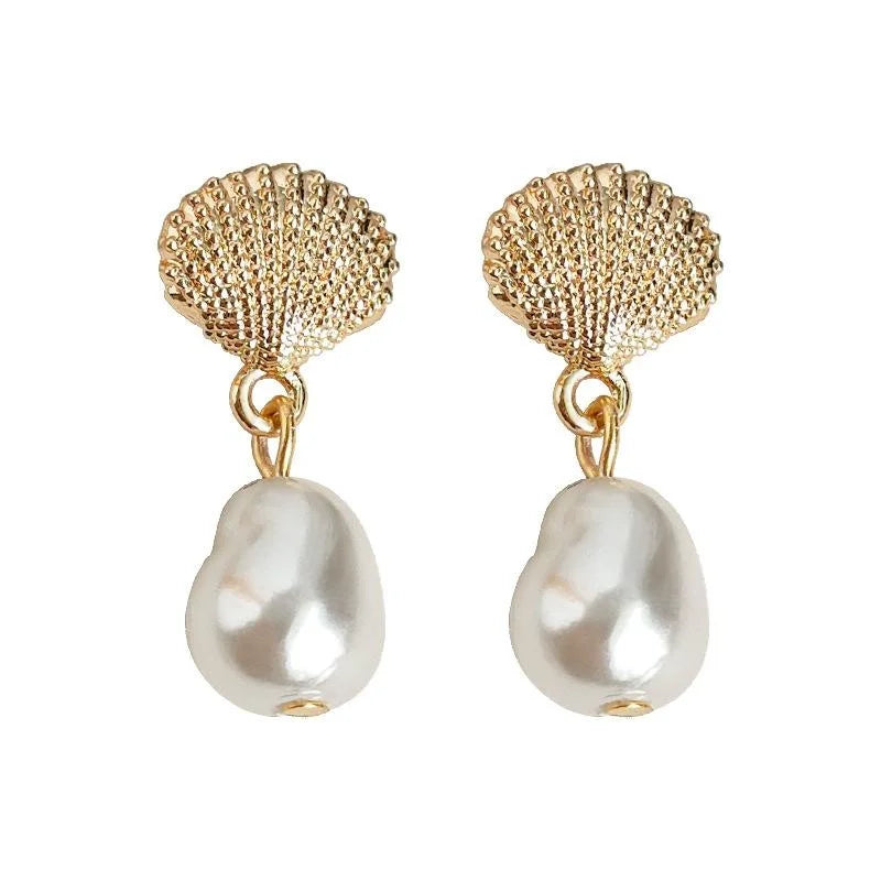Light Luxury Shell Pearl Mini Drop Earrings Copper French Vintage Geometric Jewelry