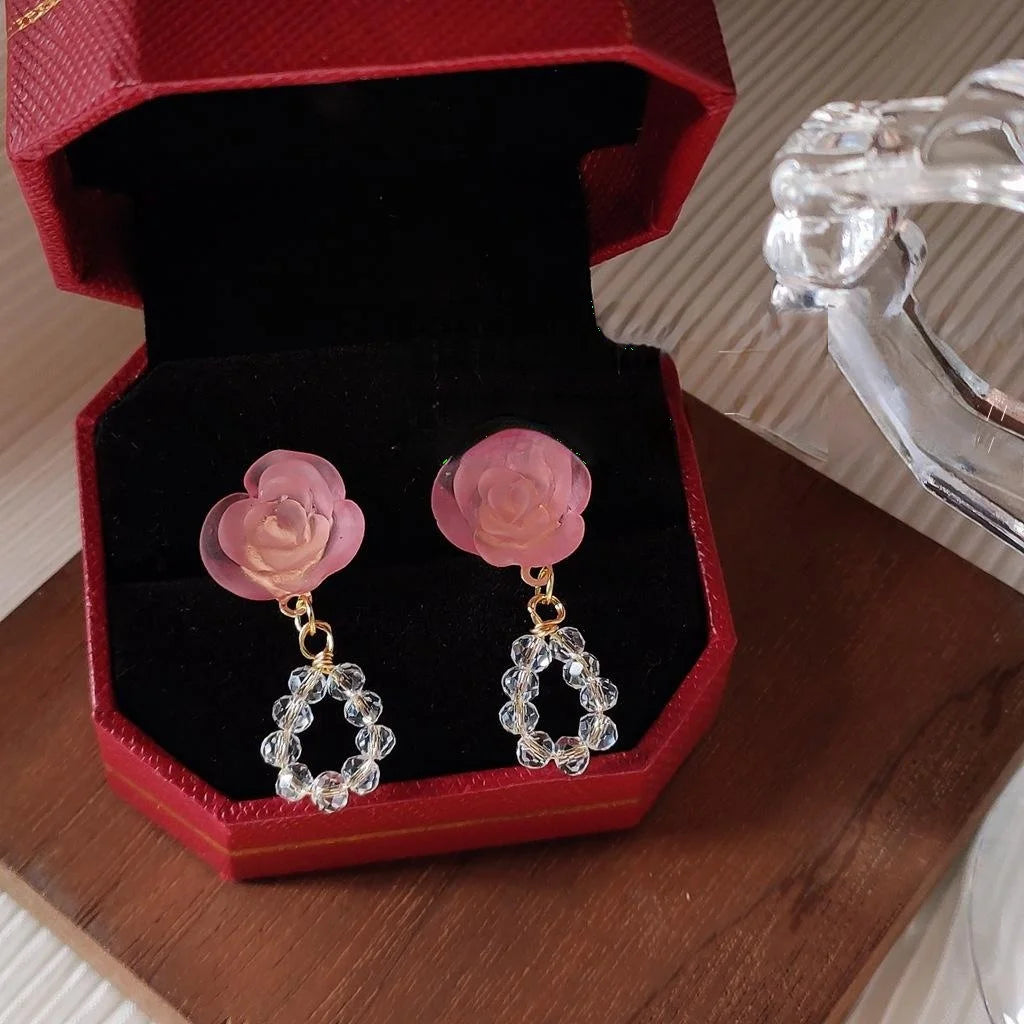 Handmade Glass Crystal Pink Rose Stud Earrings French Vintage Beaded Vacation Style Jewelry