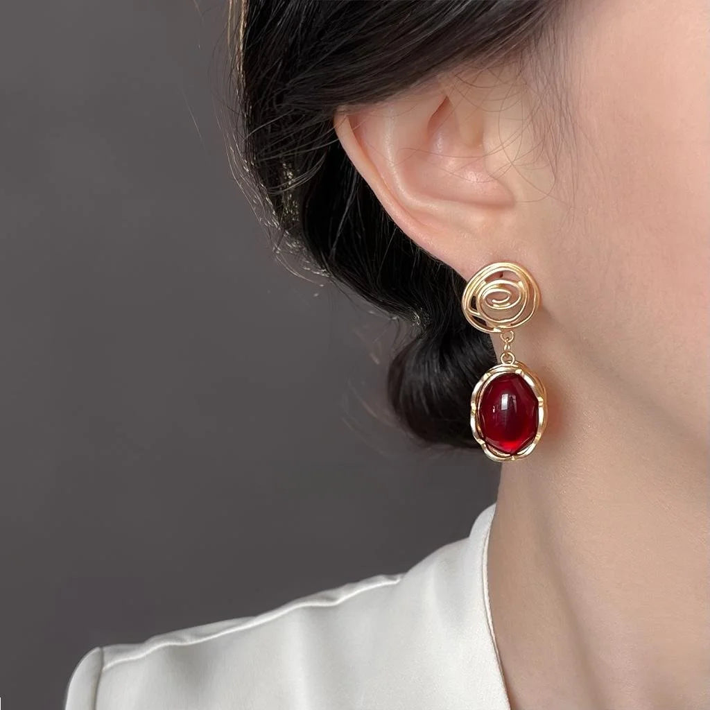 French Vintage Copper Oval Geometric Drop Earrings, Artistic Heavy Texture Statement Jewelry