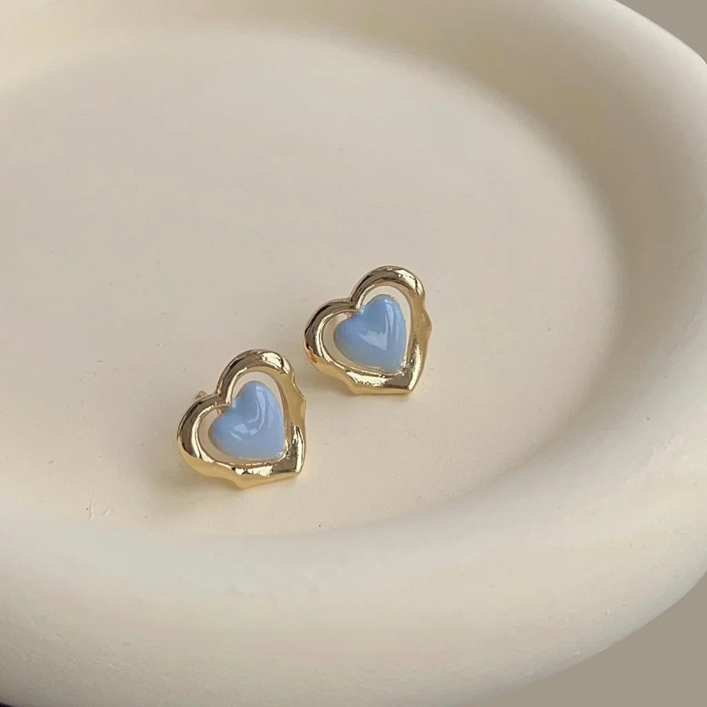 Sweet Pink Blue Hollow Heart Copper Stud Earrings For Women Mini Cute Daily Student Jewelry
