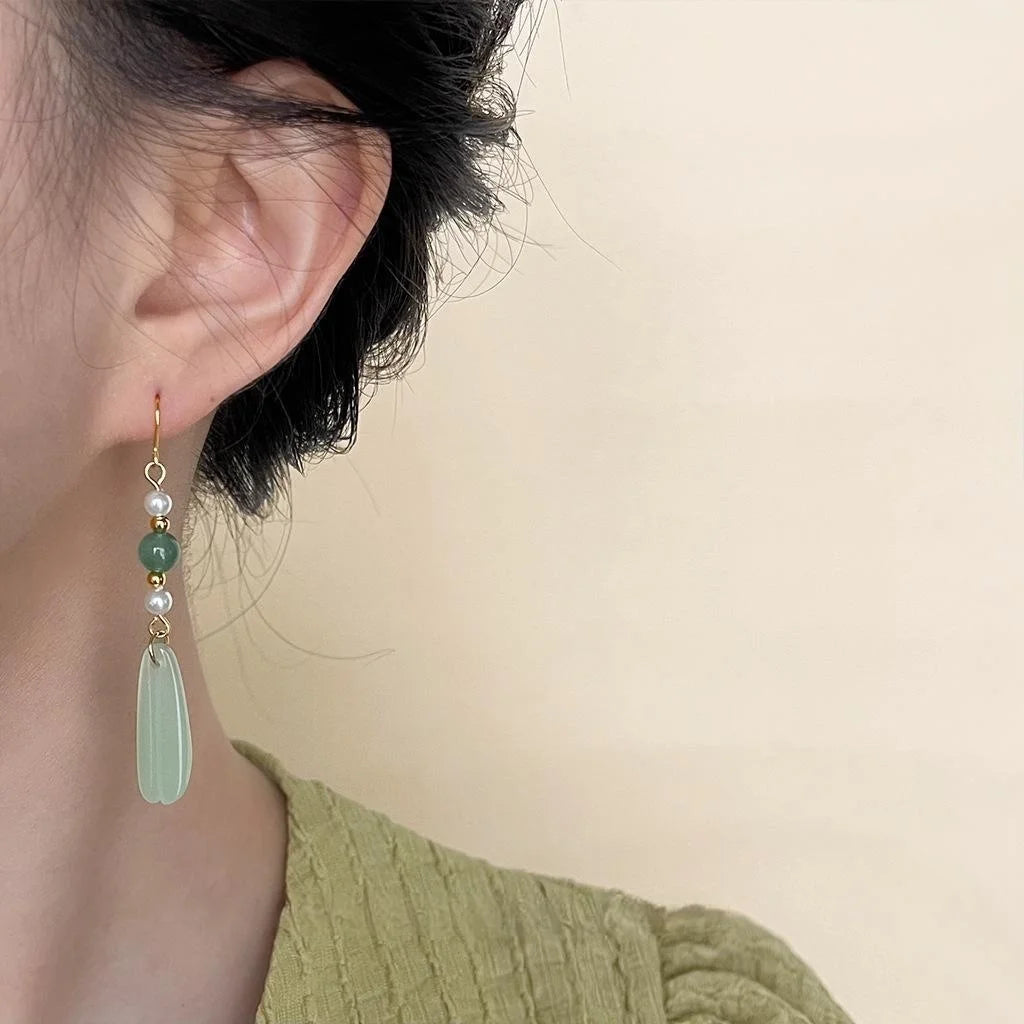 Handmade New Chinese Palace Style Green Agate Glass Crystal Floral Geometric Drop Earrings