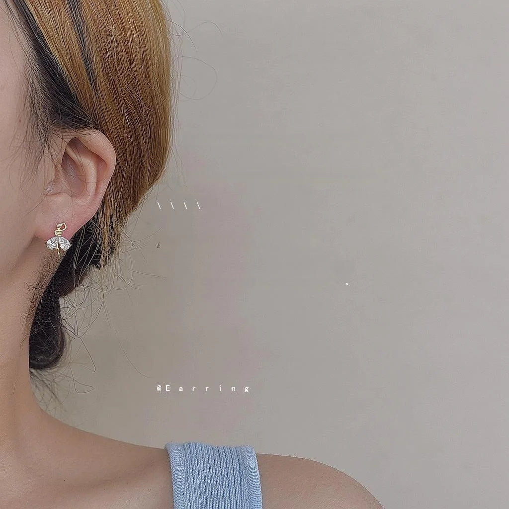 Silver Plated Copper Ballet Girl Geometric Stud Earrings Korean Japanese Minimalist Jewelry