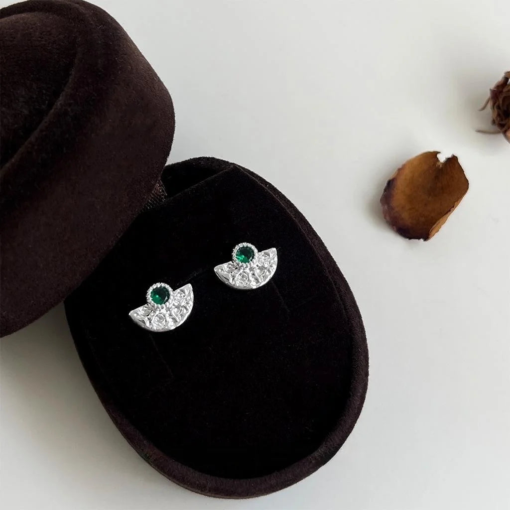 Premium Copper Fan Pleated Geometric Zircon Micro Pave Stud Earrings New Chinese Style