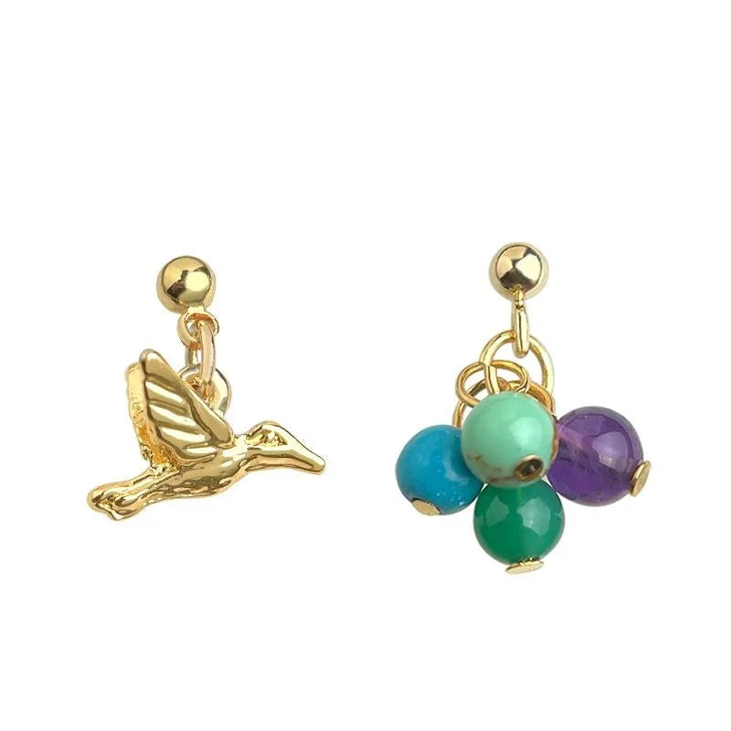 Handmade Designer Niche Asymmetric Natural Stone Bird Copper Drop Earrings For Women