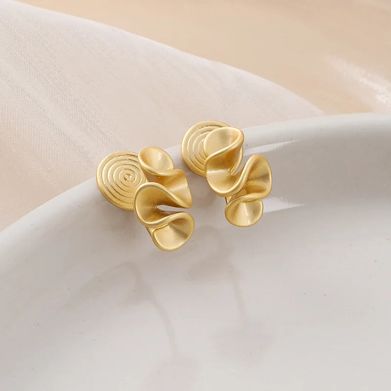 Elegant Matte Gold Alloy Wavy Pleated Ruffle Flower Stud & Clip On No Piercing Statement Earrings