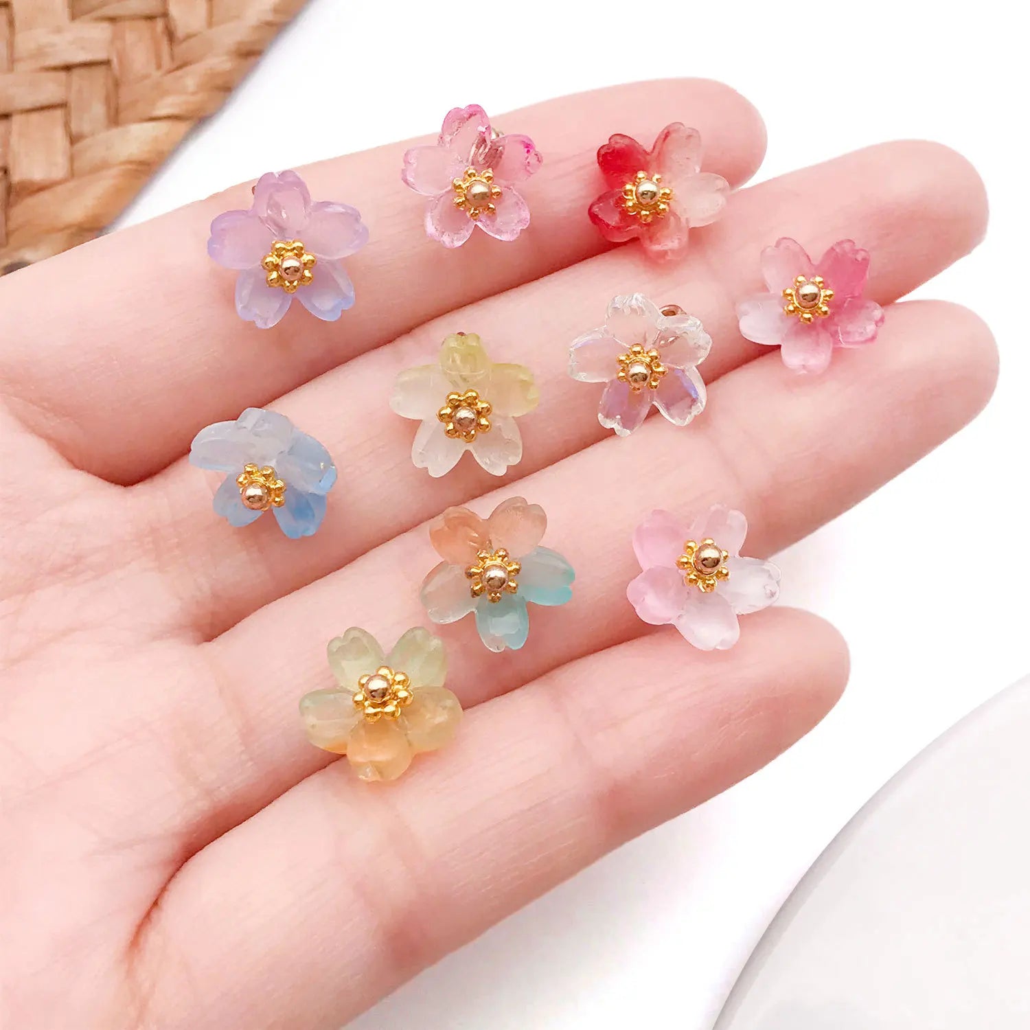 Colorful Glass Sakura Flower Bead Charm Pendant for DIY Beaded Bracelet Keychain Making