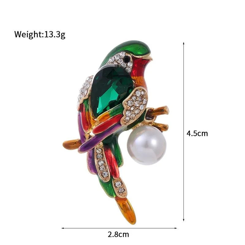 Elegant Enamel Parrot Bird Brooch With Rhinestones And Faux Pearl, Colorful Animal Lapel Pin Gift