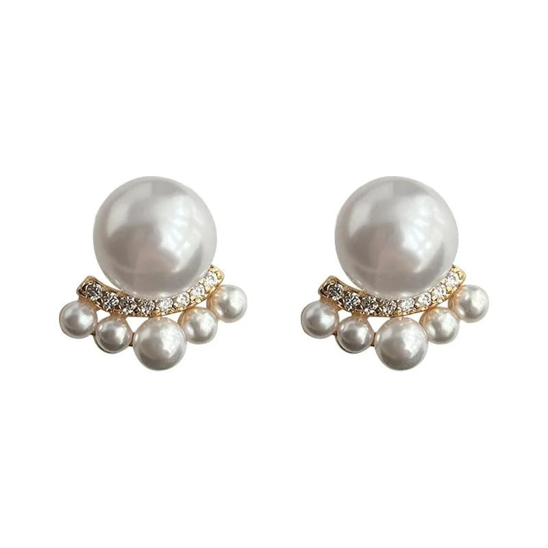 French Vintage Crown Stud Earrings Copper Micro Pave Zircon High Luster Pearl Jewelry