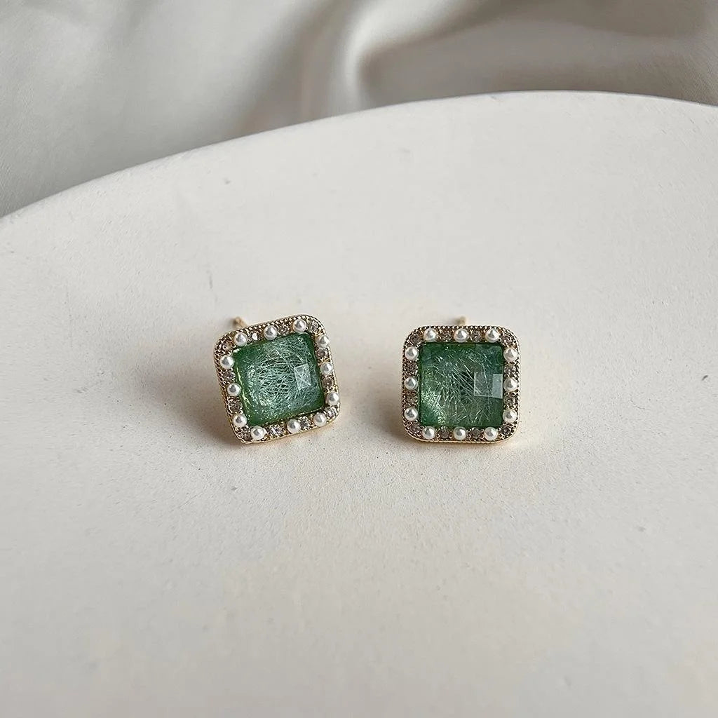 14K Plated Copper Geometric Starry Blue Pearl Zircon Stud Earrings For Women