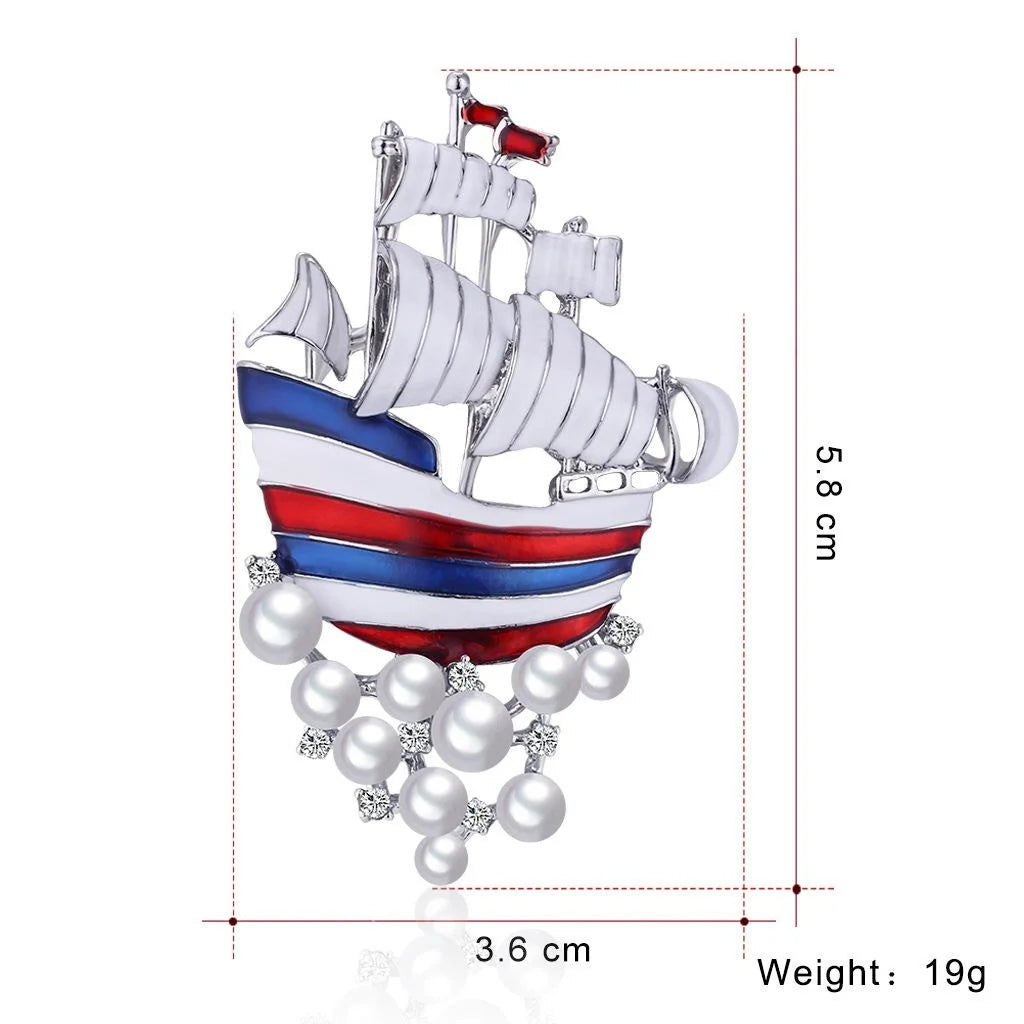 Vintage Alloy Enamel Sailing Ship Brooch With Faux Pearls And Rhinestones, Elegant Lapel Pin Suit Accessory