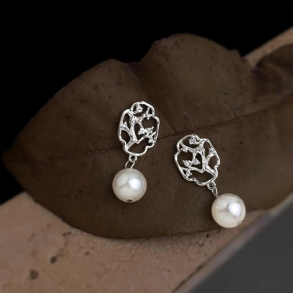 Vintage Chinese Style Plum Blossom Geometric Copper Drop Earrings