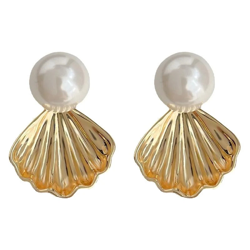 14K Gold Plated Copper Shell Glass Pearl Stud Earrings, Two Way Light Luxury Minimalist Jewelry