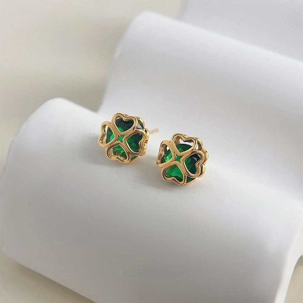18K Gold Plated Copper Flower Stud Earrings Green Zircon Flower Leaf Design