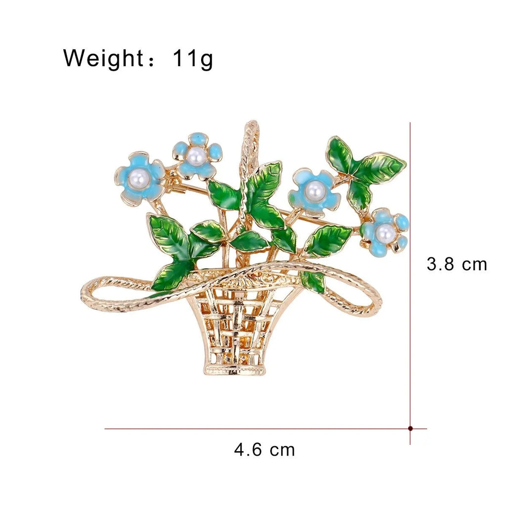 Elegant Enamel Flower Basket Brooch With Faux Pearl Accents, Gold Alloy Lapel Pin Corsage Gift