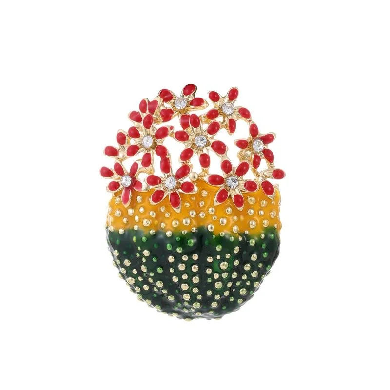Cute Enamel Cactus Flower Brooch With Rhinestones, Gold Tone Alloy Plant Lapel Pin Corsage Gift