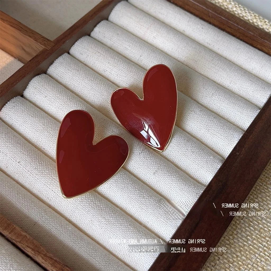 Retro Hong Kong Style Burgundy Enamel 14K Plated Copper Checkerboard Star Circle Stud Earrings