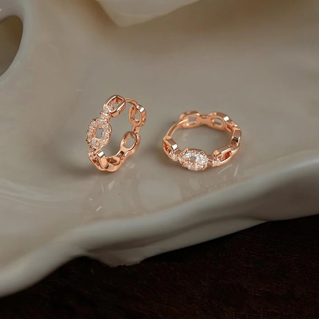 Rose Gold Plated Copper Geometric Circle Chain Drop Earrings With Micro Pave Zircon Luxury Style
