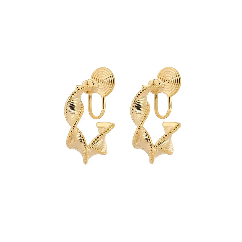 Elegant Gold Alloy Twisted Rope Hoop Stud & Clip On No Piercing Textured Spiral Circle Earrings