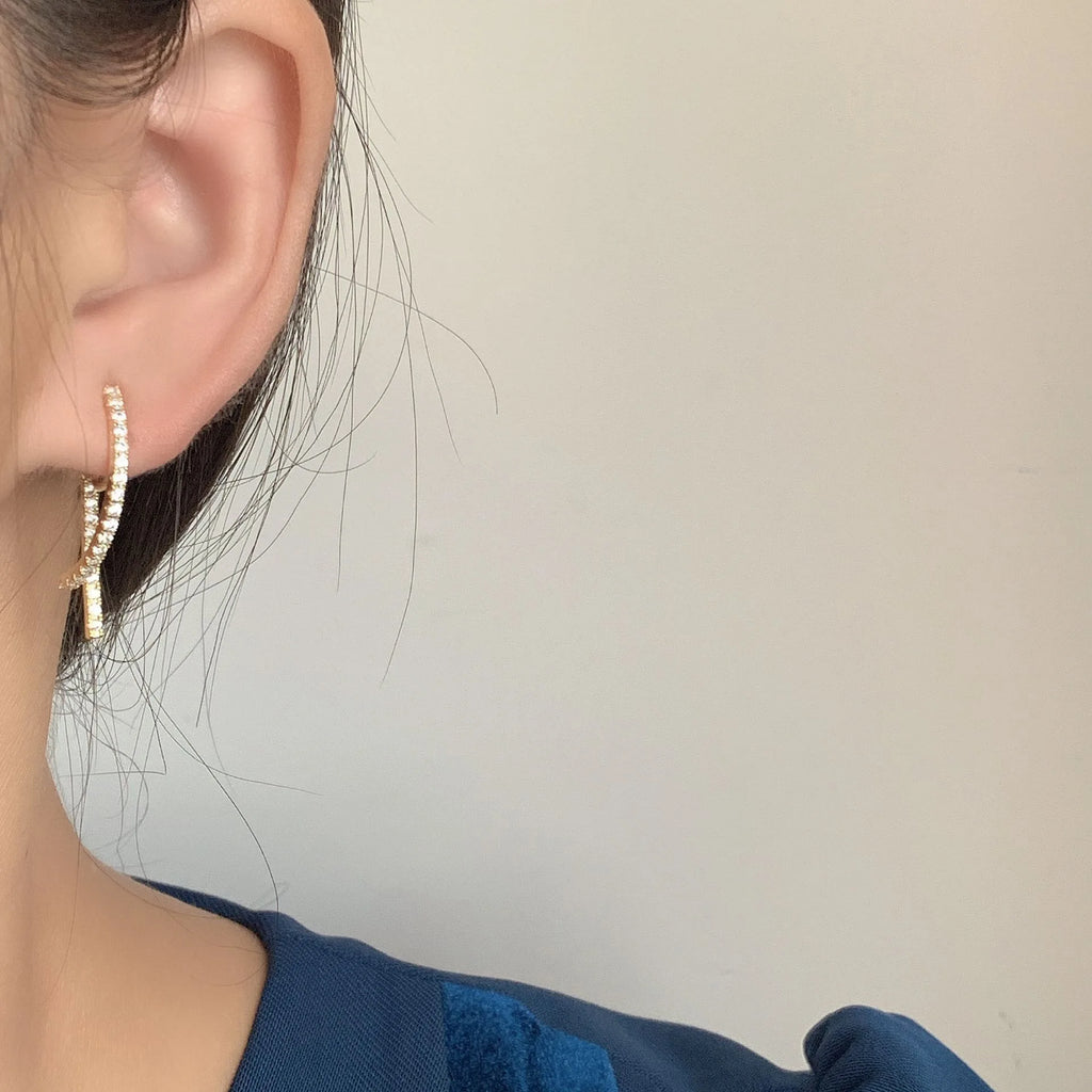 Elegant Gold Alloy Zircon Spiral Disc Cross Drop Stud & Clip On No Piercing French Slim Earrings