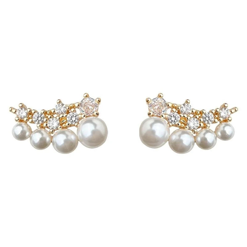 Light Luxury Copper Zircon Pearl Stud Earrings For Women Geometric Firework Ring Line Design