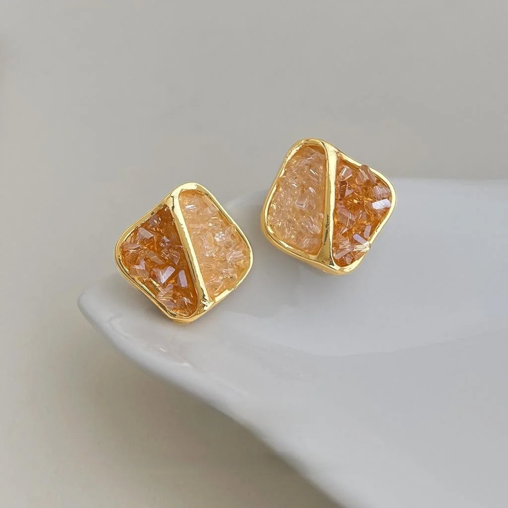 Vintage Geometric Gradient Glass Crystal Stud Earrings Copper Sunset Orange Chic Jewelry