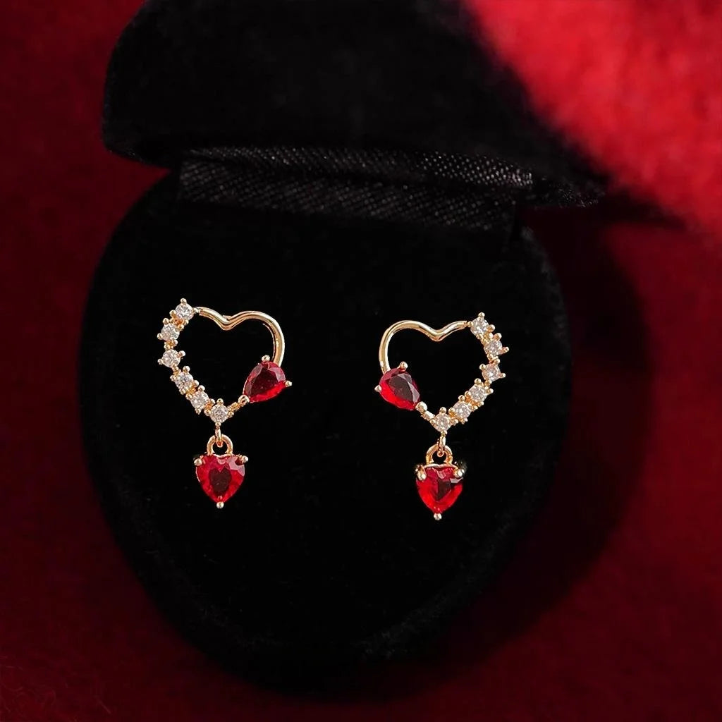 14K Plated Copper Burgundy Zircon Heart Stud Earrings Vintage Minimalist Jewelry
