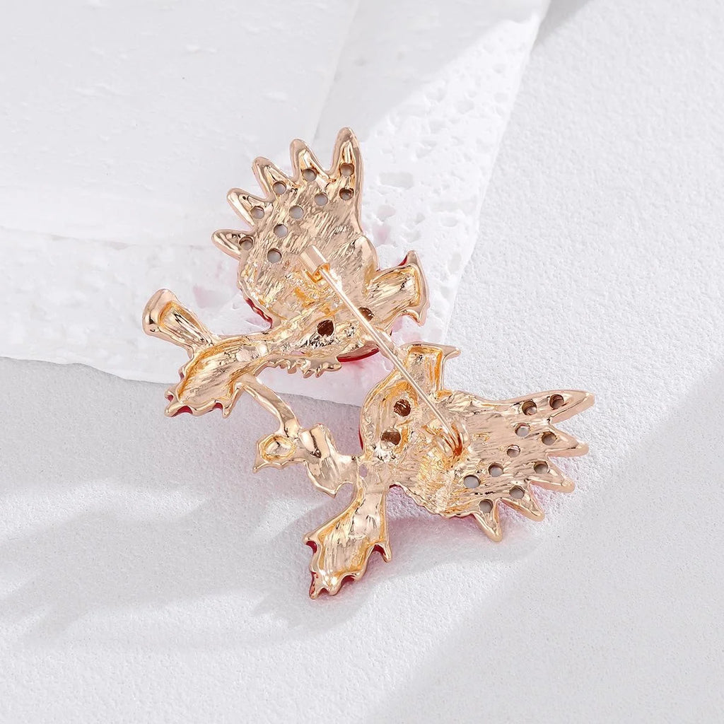 Elegant Red Enamel Double Bird Rhinestone Brooch, Copper Animal Lapel Pin Corsage Suit Accessory Gift