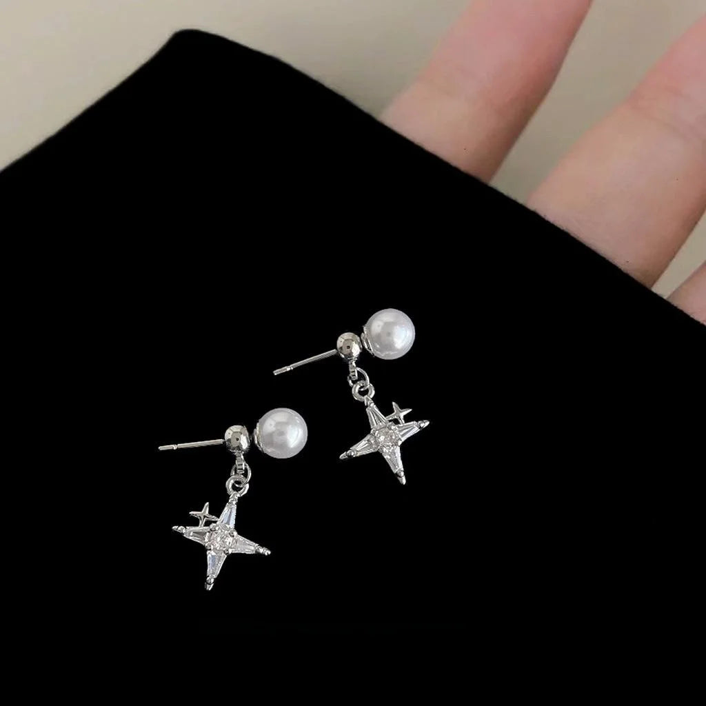 Detachable Two Way Copper Zircon Pearl Eight Point Star Front Back Stud Earrings Sweet Cool Style