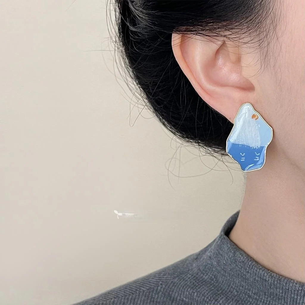 Handmade Enamel Mt Fuji Oil Painting Irregular Geometric Copper Stud Earrings