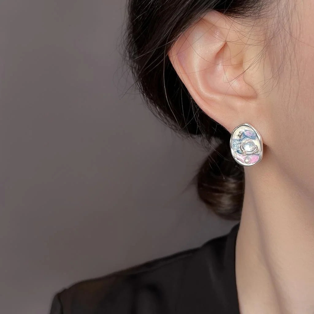 Niche Star Planet Enamel Drip Copper Stud Earrings For Women