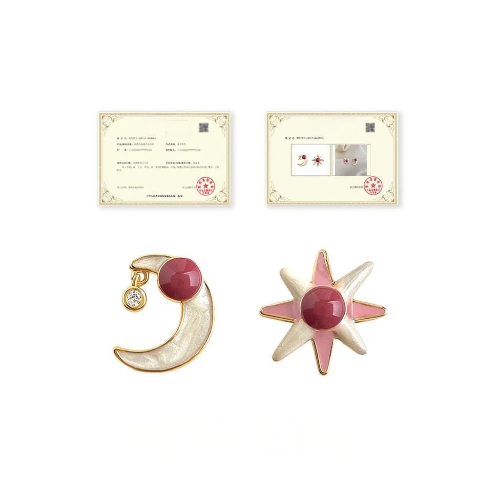Asymmetric Eight Point Star Moon Stud Earrings Copper Enamel Silver Plated Pin Preppy Style
