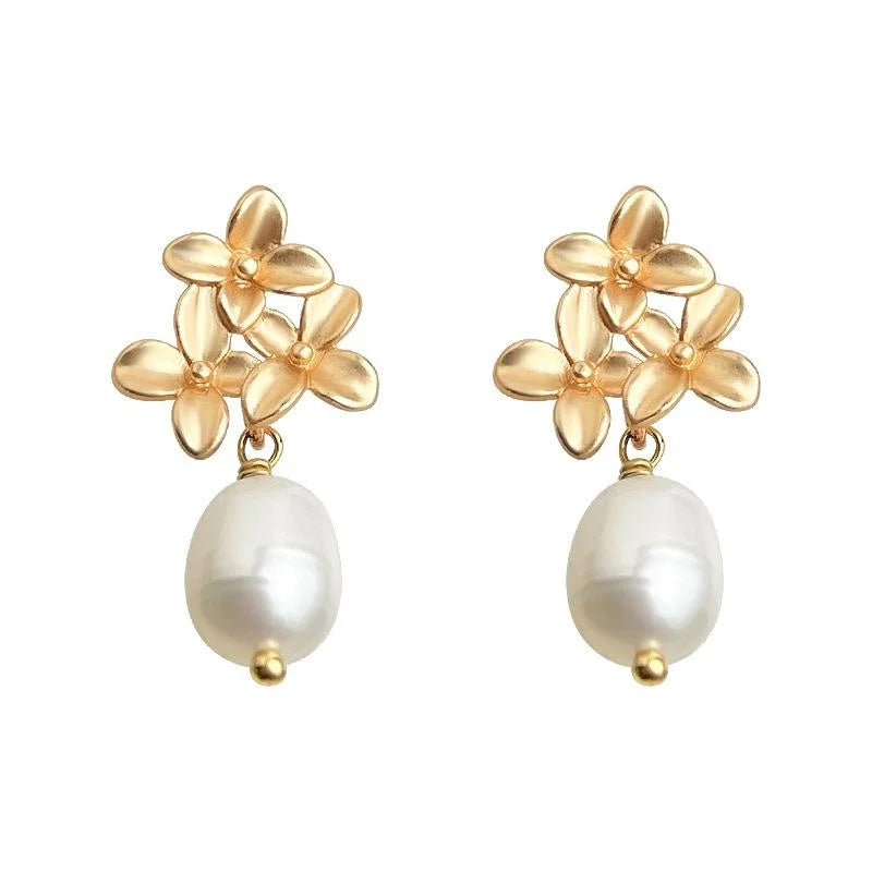 Light Luxury Handmade Floral Drop Earrings With Natural Freshwater Pearls And Silver Plated