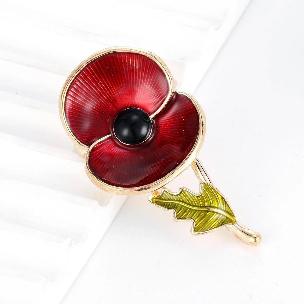 Elegant Red Poppy Flower Enamel Alloy Brooch With Rhinestones, Remembrance Lapel Pin Corsage Gift