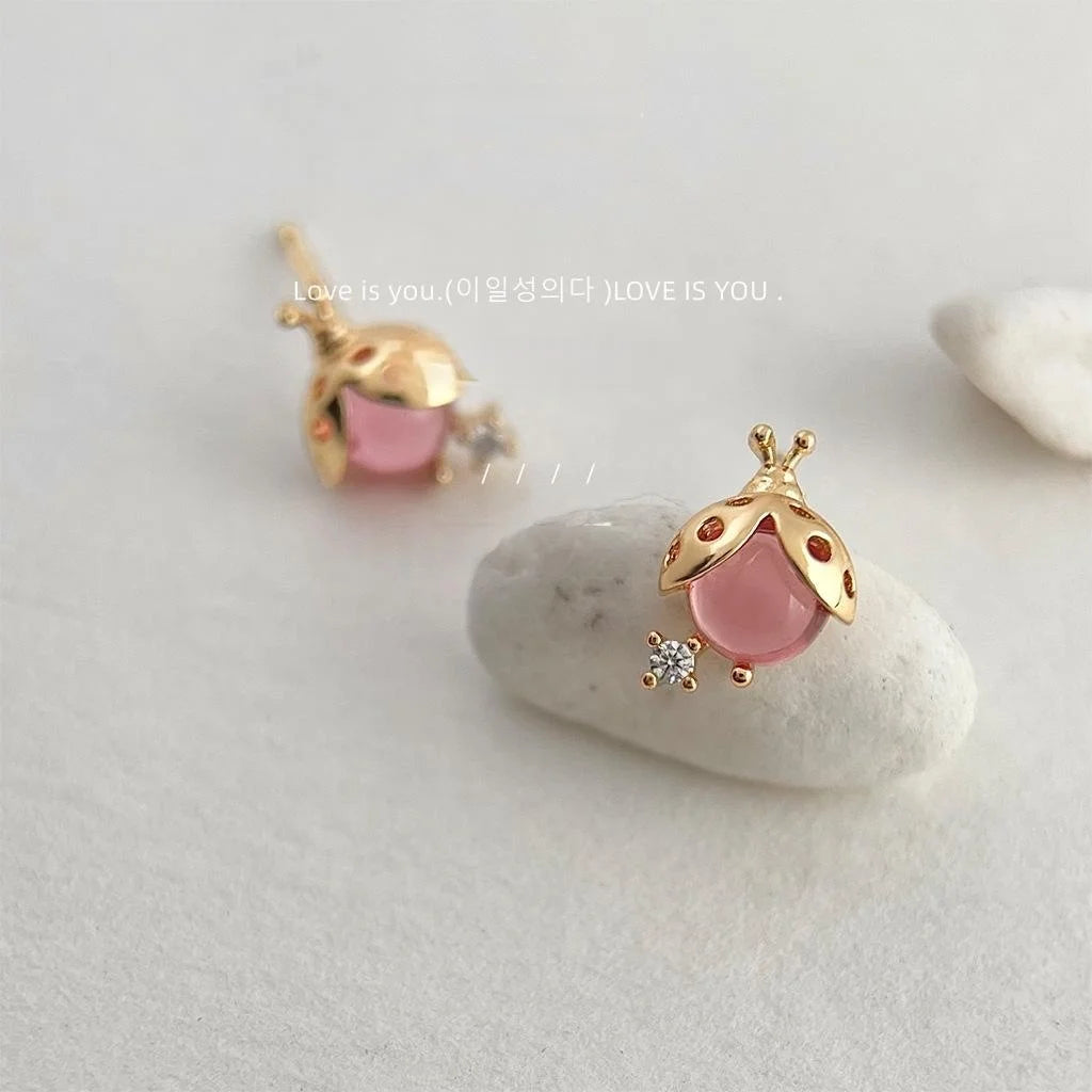 Mini Beetle Stud Earrings 14K Gold Plated Copper Micro Pave Zircon Cute Sweet Forest Style
