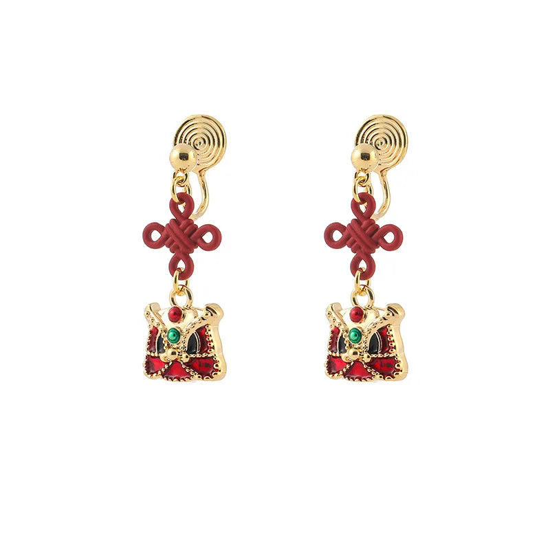 Vintage Chinese Lion Dance Red Knot Alloy Enamel Rhinestone Stud & Clip On No Piercing Drop Earrings
