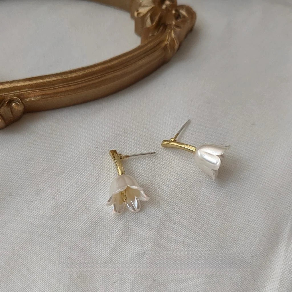 Copper Silver Plated French Court Tulip Pearlescent 3D Floral Branch Drop Earrings