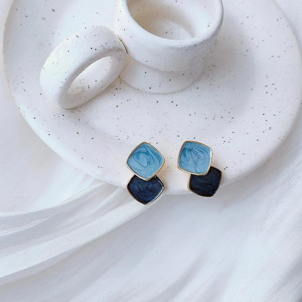 14K Plated Alloy Blue Enamel Square Geometric Stud Earrings