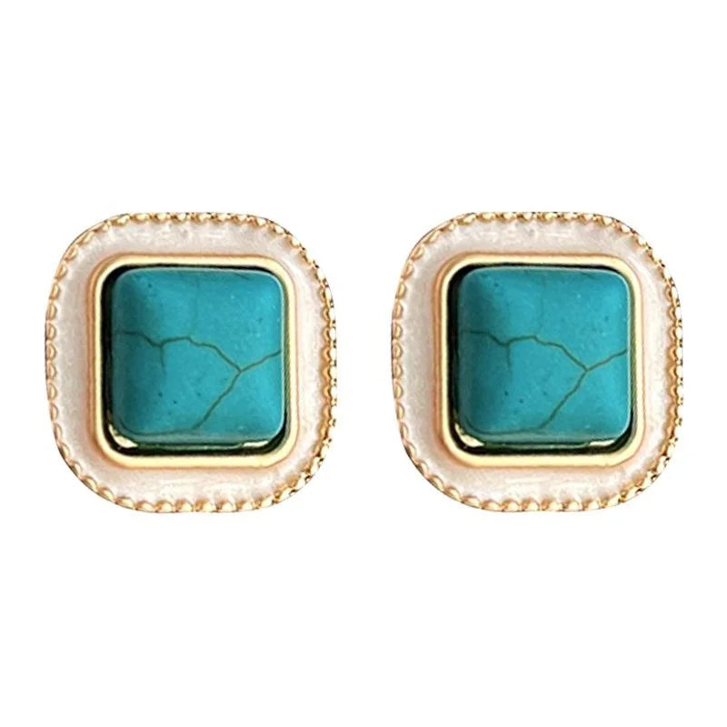Vintage Court Style Square Geometric Copper Synthetic Turquoise Stud Earrings For Women