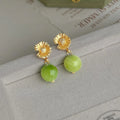 Forest Style Green Daisy Natural Stone Drop Earrings, Eco Friendly Copper Handmade Floral Jewelry