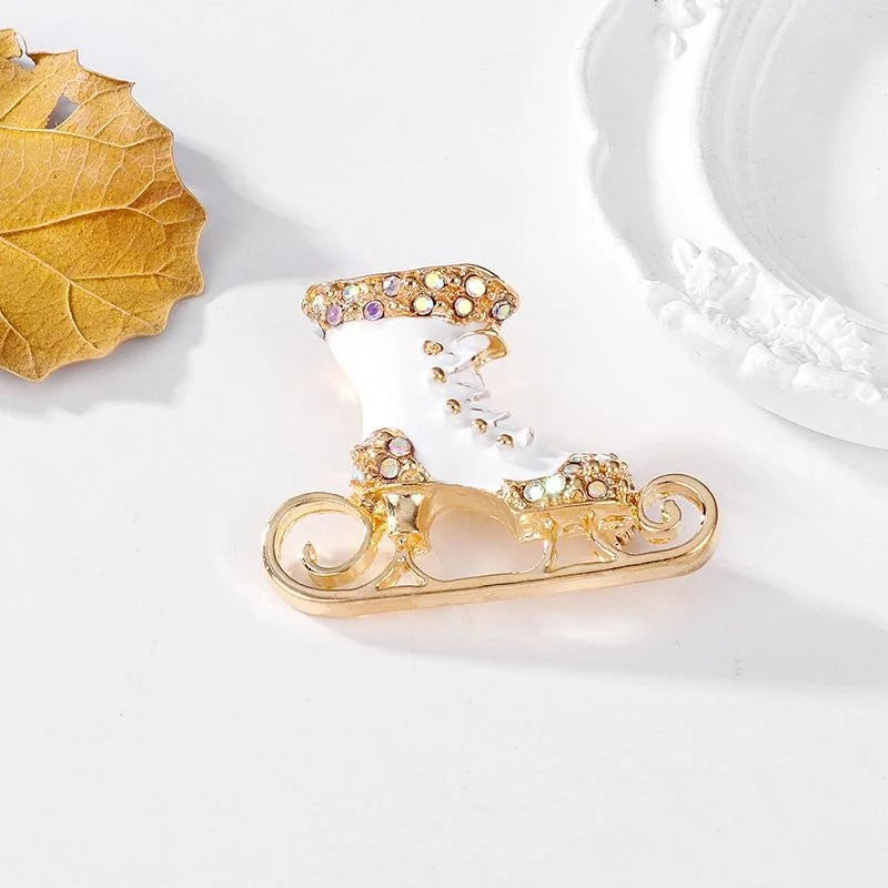 Cute Christmas Ice Skate Boot Brooch With White Enamel And Rhinestones, Gold Alloy Lapel Pin Gift