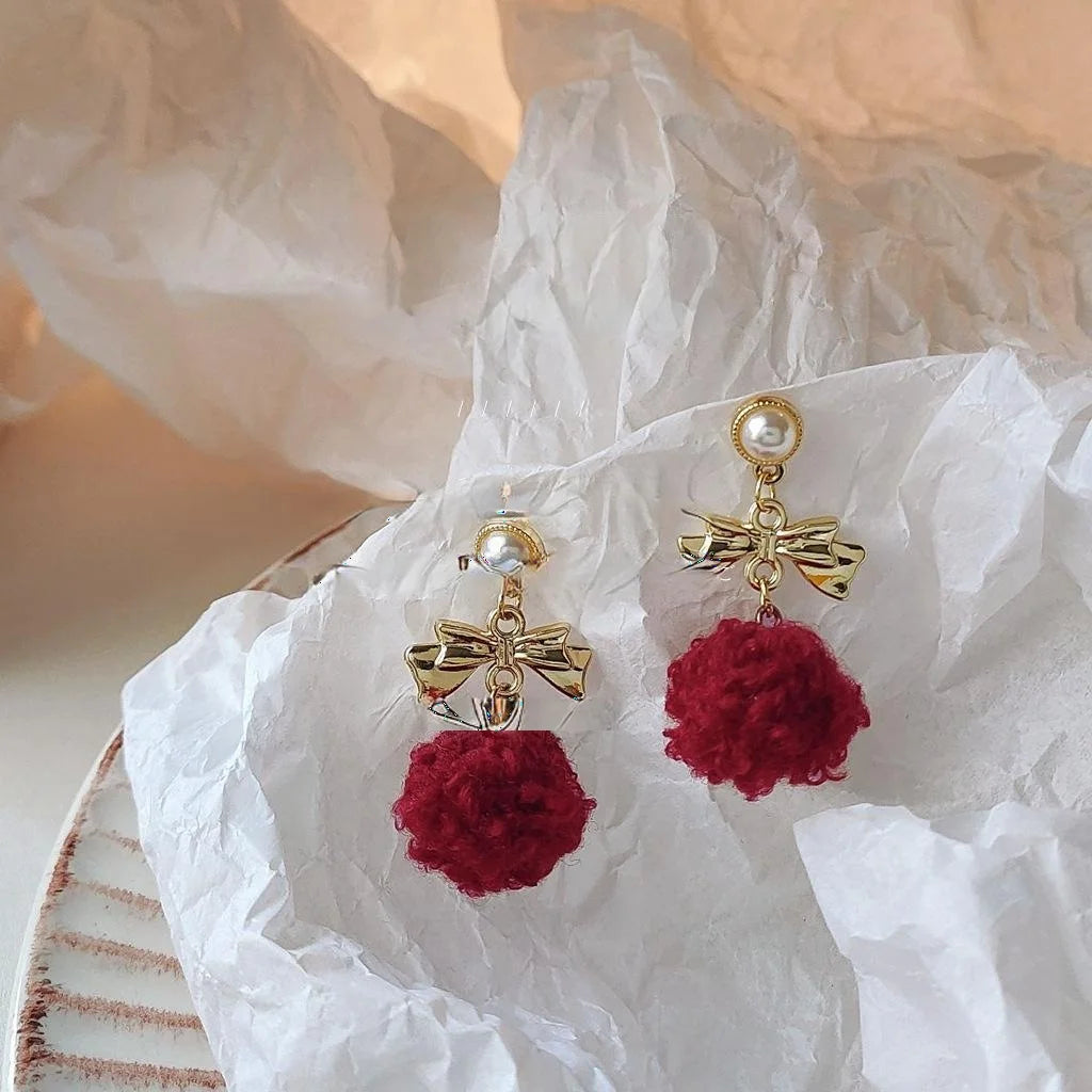 Burgundy Lambswool Pom Pom Bow Stud Earrings Silver Plated Korean Japanese Winter Jewelry