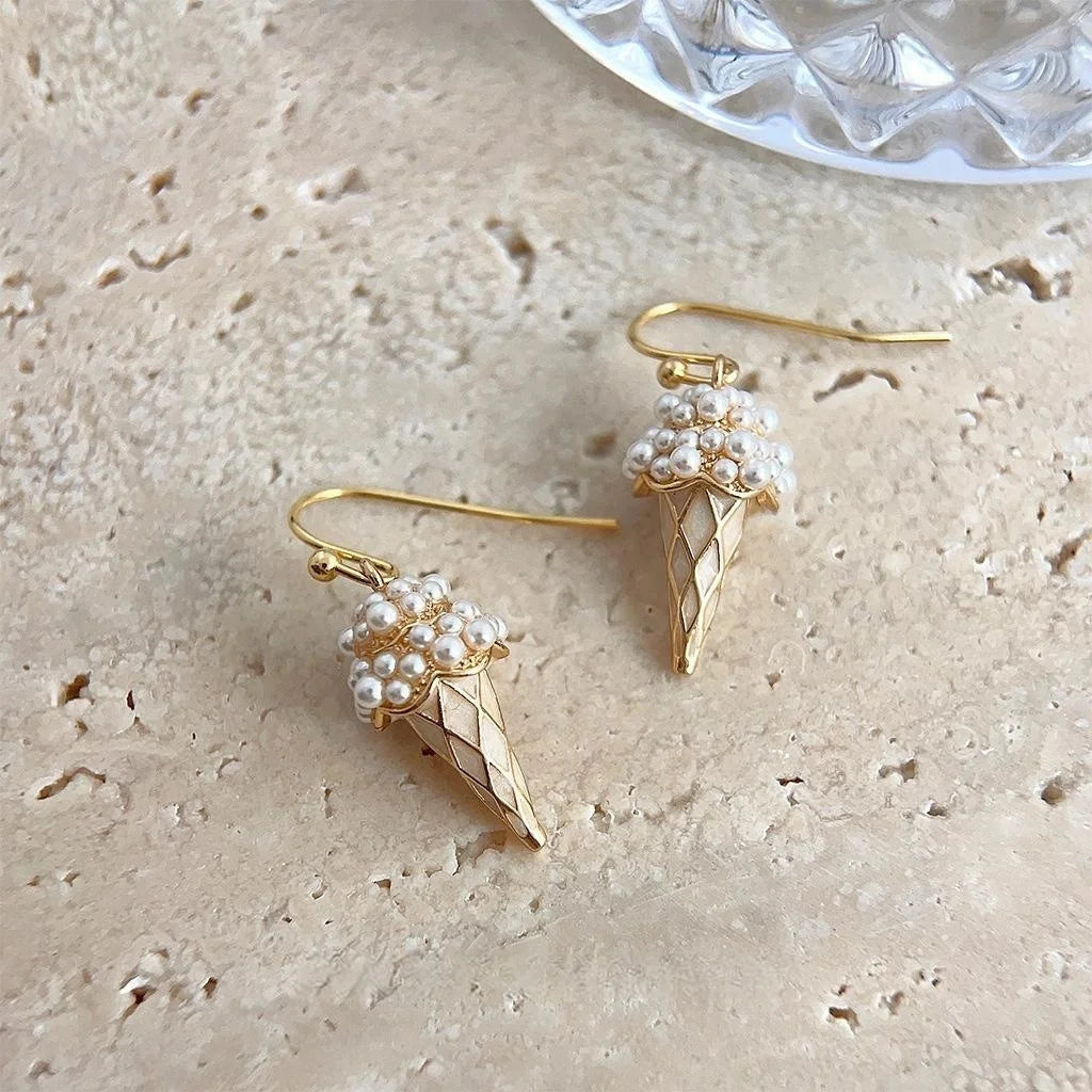 Cute Ice Cream Drop Earrings 14K Plated Copper Resin Pearl Enamel Sweet Designer Jewelry