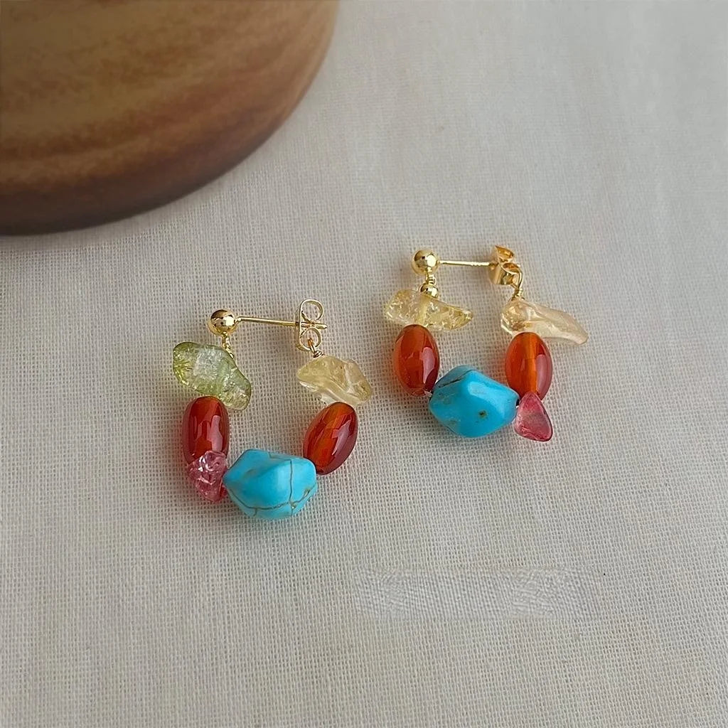 Handmade Chinese Style Irregular Geometric Red Agate Citrine Turquoise Copper Drop Earrings