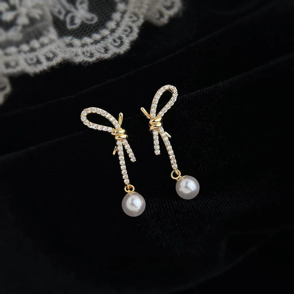 Sweet Bow Knot Drop Earrings With Zircon, Pearl, Hollow Geometric Copper Jewelry