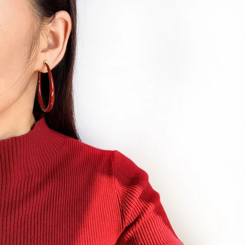 Vintage Red Enamel Twisted Large Hoop Spiral Stud & Clip On No Piercing Statement Earrings
