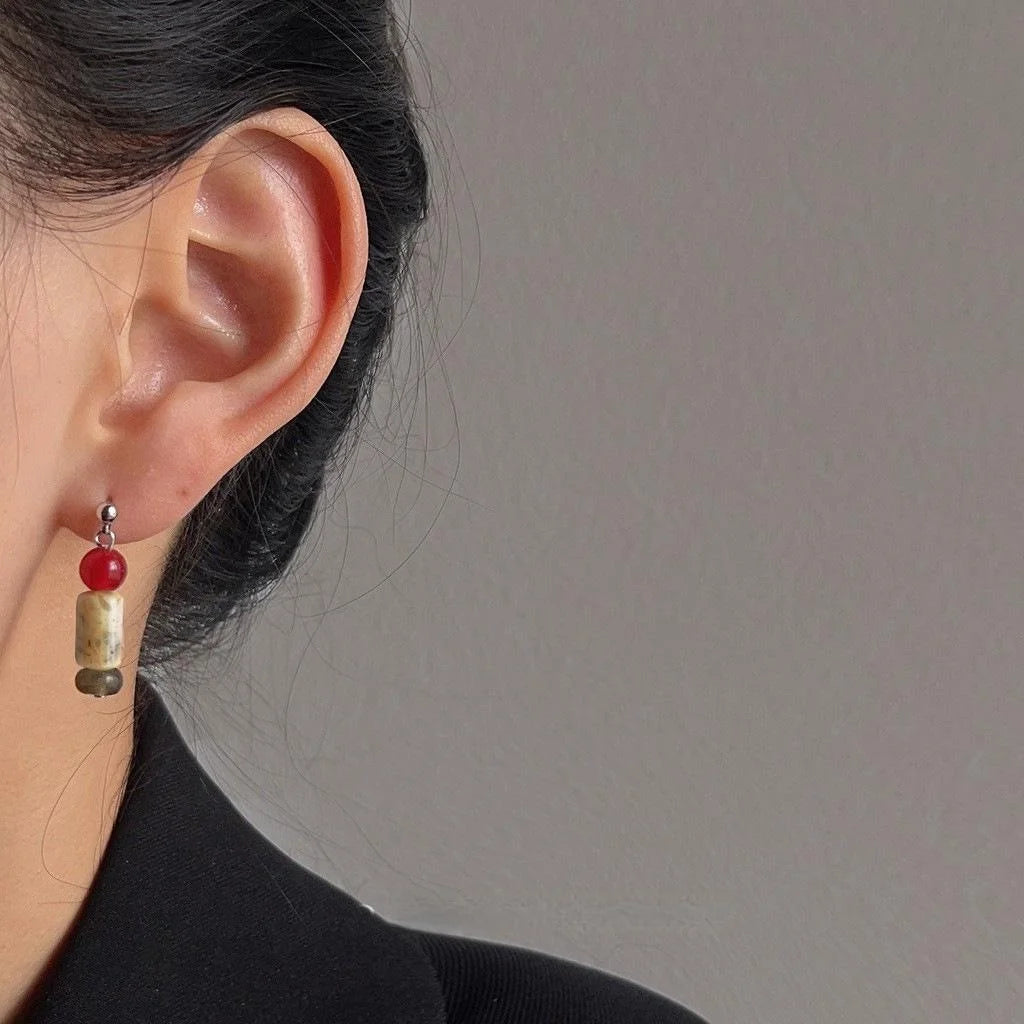 2025 New Chinese Vintage Handmade Natural Stone Geometric Tassel Drop Earrings For Women