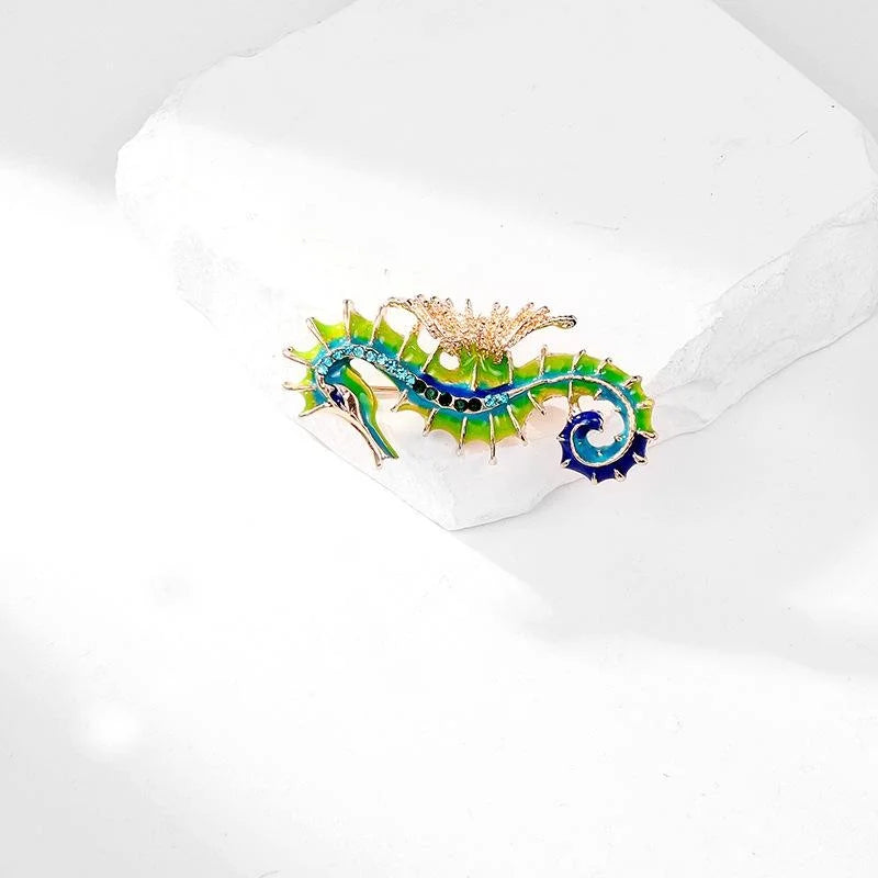 Elegant Enamel Seahorse Brooch With Blue Rhinestones, Gold Tone Alloy Lapel Pin Corsage Gift