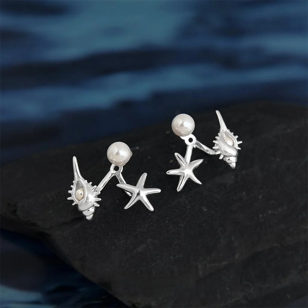 Vacation Style Conch Starfish Back Hanging Stud Earrings Copper Beach Jewelry