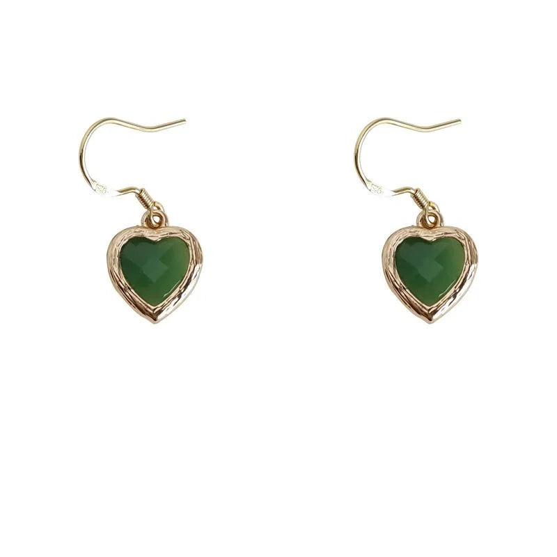 Vintage Green Glass Crystal Heart Drop Earrings Copper French Elegant Retro Jewelry